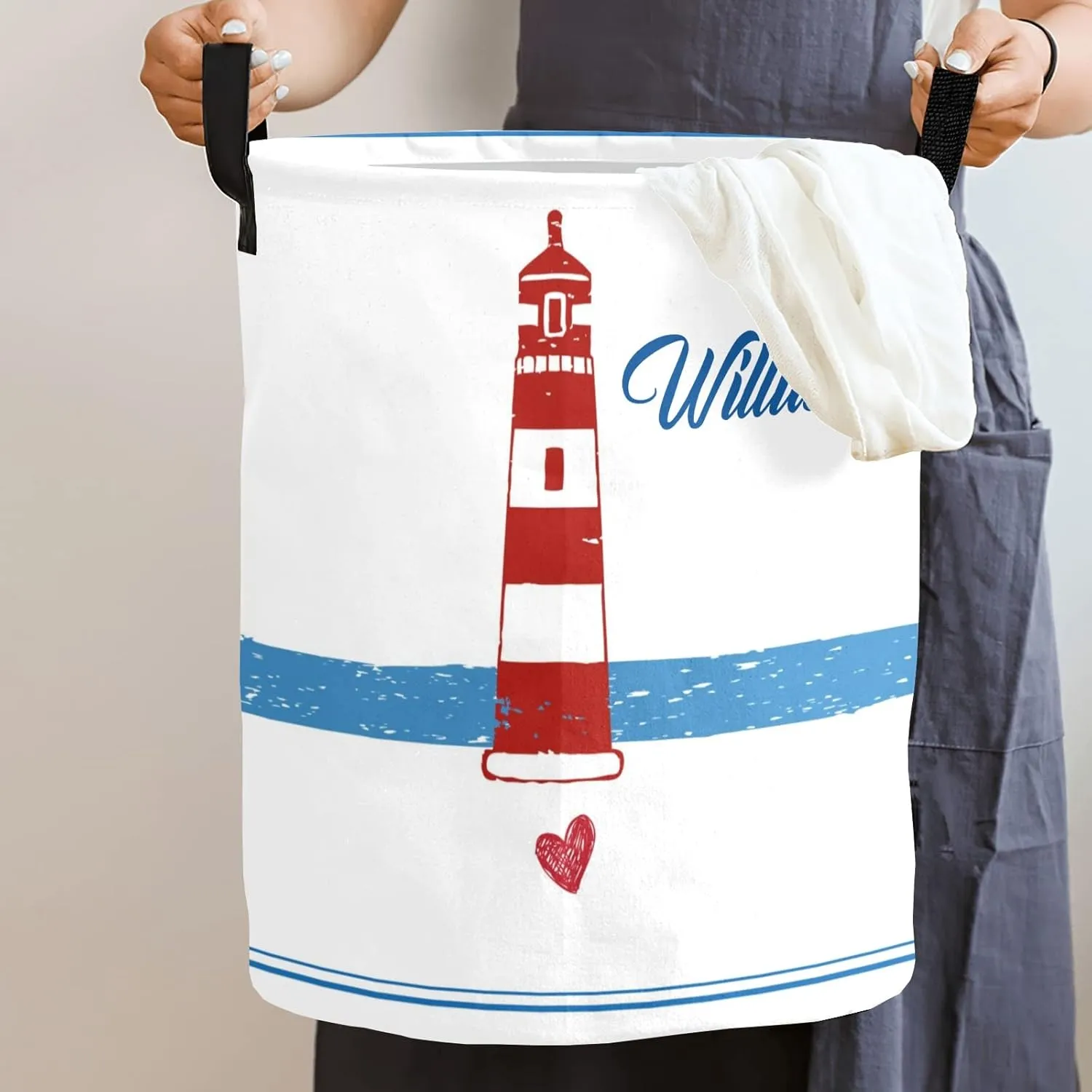 Lighthouse Art Personalized Waterproof Foldable Laundry Basket Bag with Handle, Custom Collapsible Clothes Hamper Storage Bin for Toys Laundry Dorm Travel Bathroom