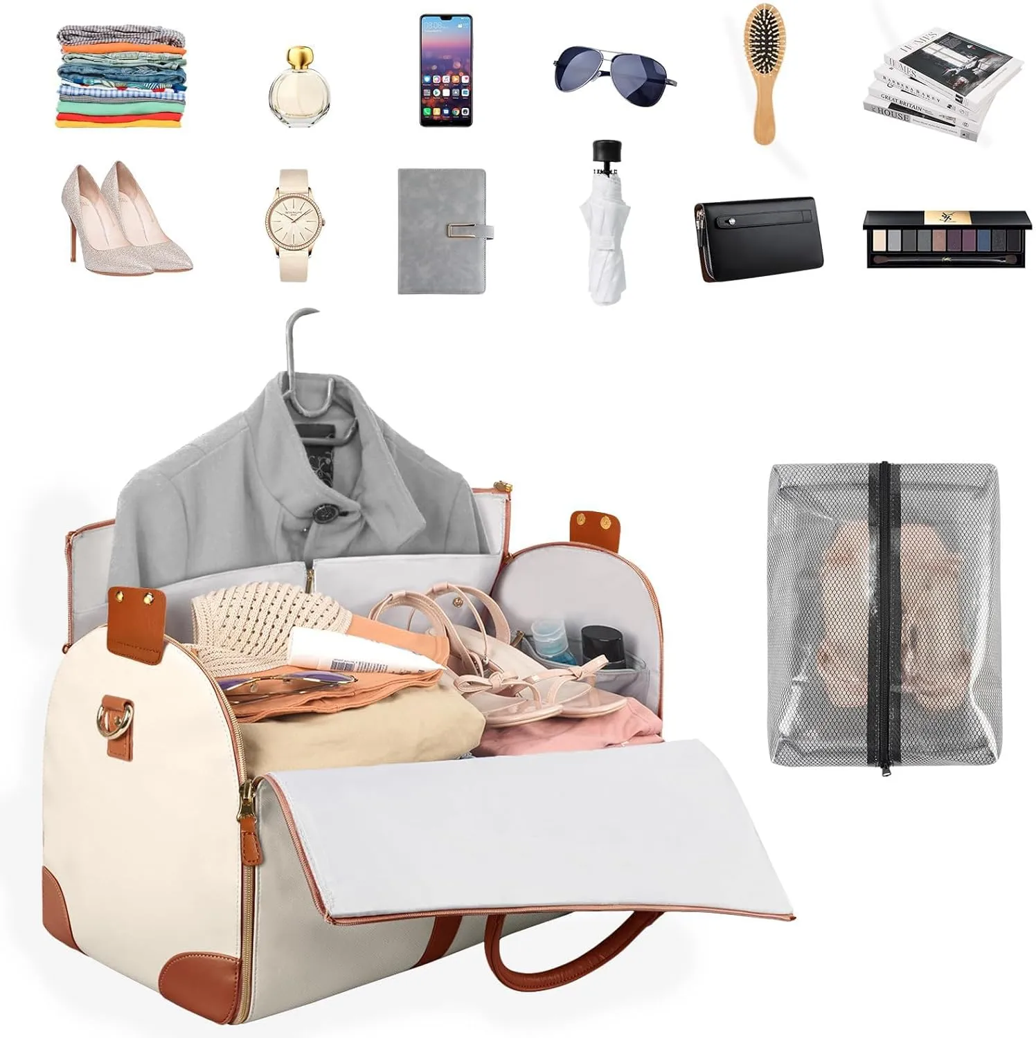 Lucshy Travel Bag, Garment Duffle Bags for Travel, Large Waterproof Crossbody Shoulder Capacity Suit Travel Garment (Beige-White), Zbl0325008