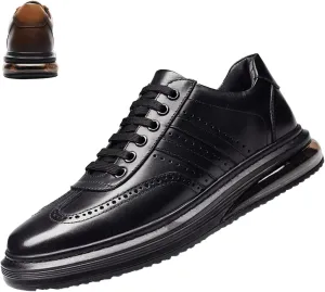 Men's Air Cushion Dress Leather Shoes,Lightweight Comfort Trendy Wingtip Carving Lace-up Casual Business Oxford Sneakers