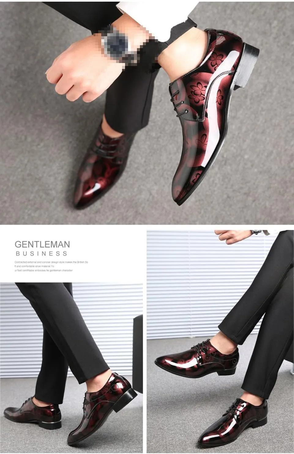 Men's Dress Shoes Fashion Floral Patent Leather Tuxedo Oxfords Formal Business Wedding Shoes Classic Suit Shoes