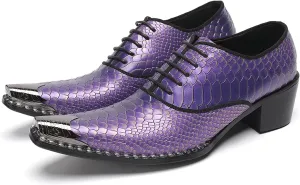 Men’s Leather Oxfords Purple Dress Casual Shoes – Metal Pointed Toe Lace-Up Oxford, Fashion Formal Shoes for Weddings, Prom, Parties, Business & Evening Wear