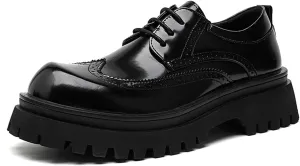 Men's Patent Leather Wingtip Chunky Platform Oxford Shoes Vintage Round Toe Lug Sole Non-Slip Lace-Up Business Derby Shoes for Evening Parties, Weddings, Work