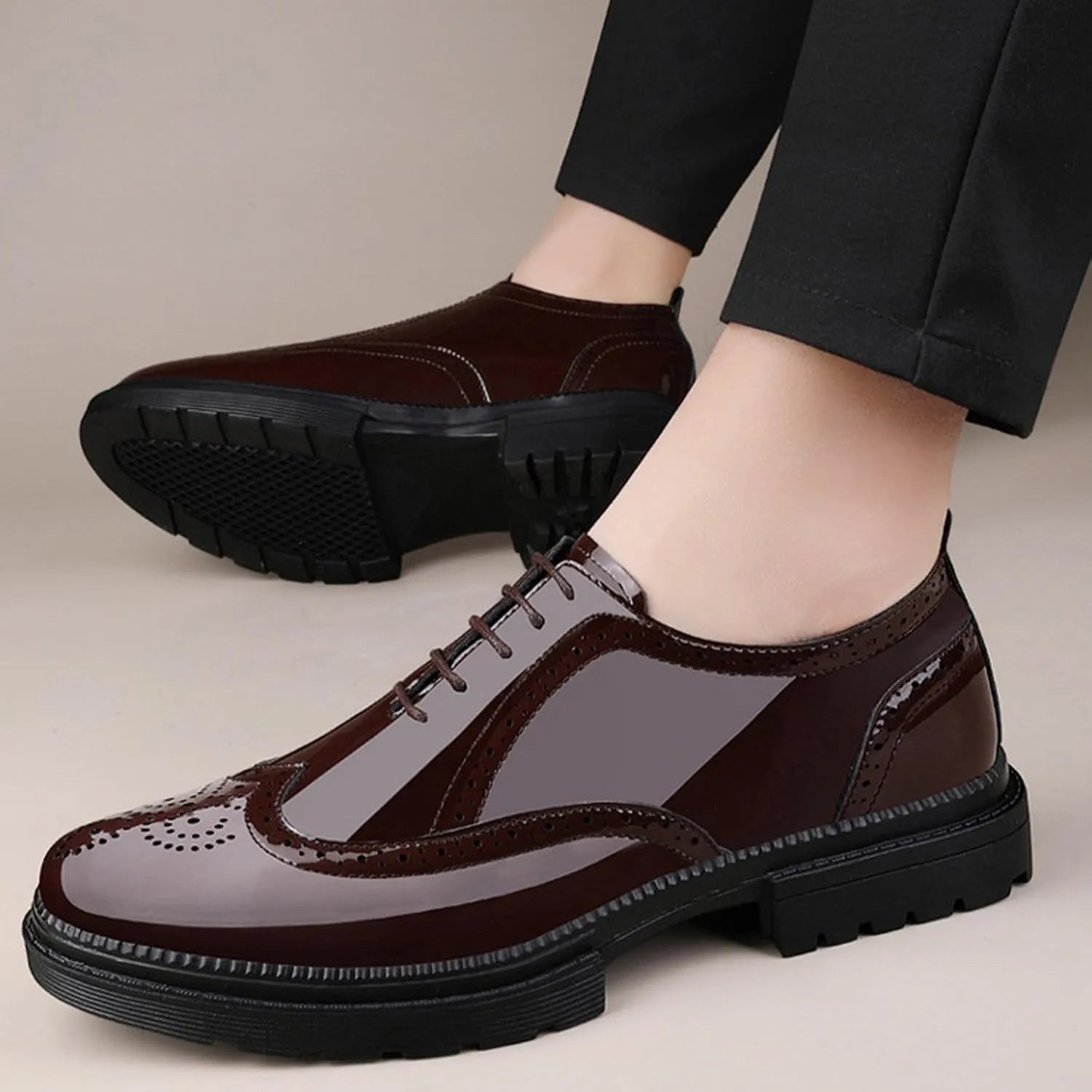 Men's Patent Leather Wingtips Carved Brogue Derby Shoes Classic Round Toe Lace Up Thick Sole Dress Oxfords Breathable Handmade Formal Business Shoes