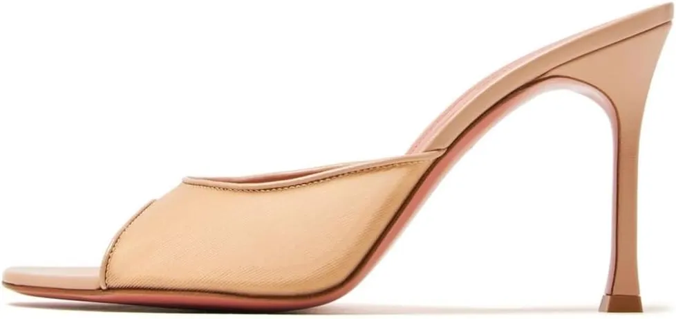 Mesh Heels Mules for Women Peep Open Toe Backless Stiletto Heel Sandals Party Dress Slip-on Lace Heeled Mule