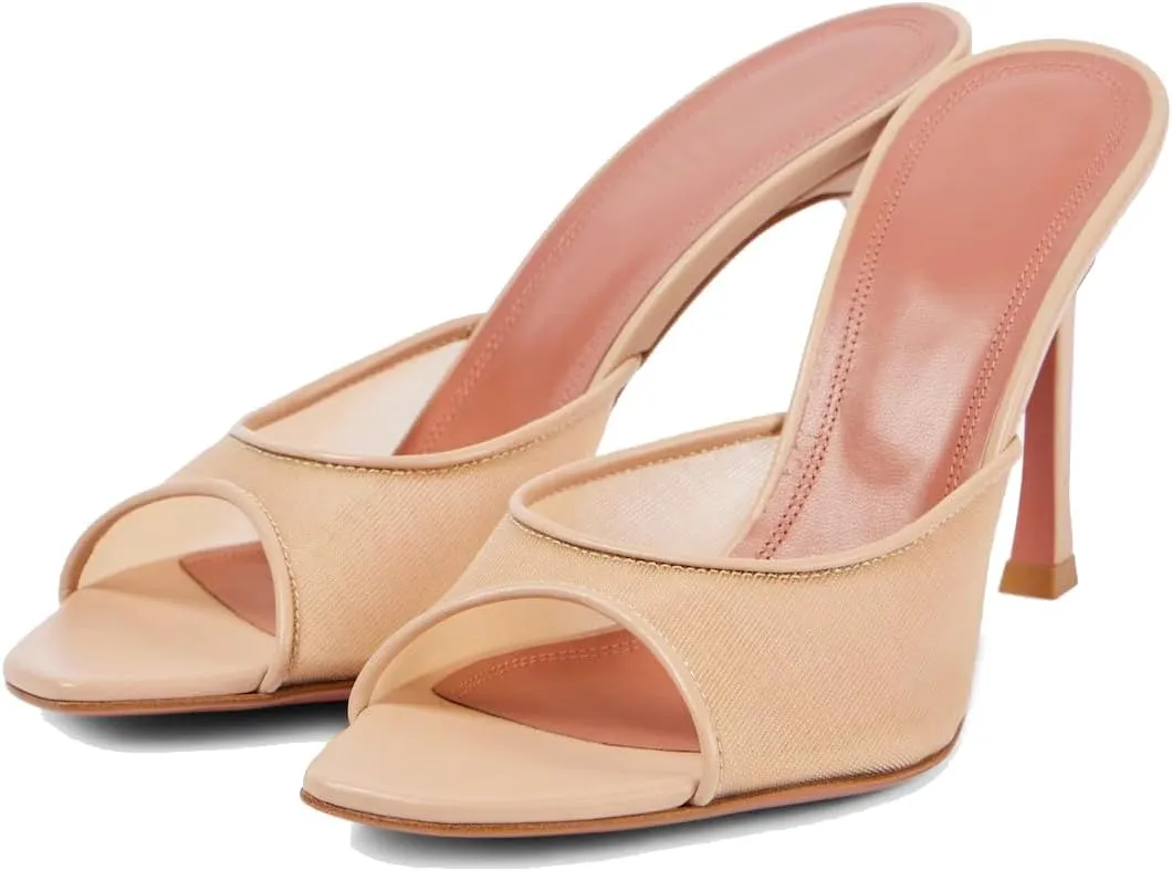 Mesh Heels Mules for Women Peep Open Toe Backless Stiletto Heel Sandals Party Dress Slip-on Lace Heeled Mule
