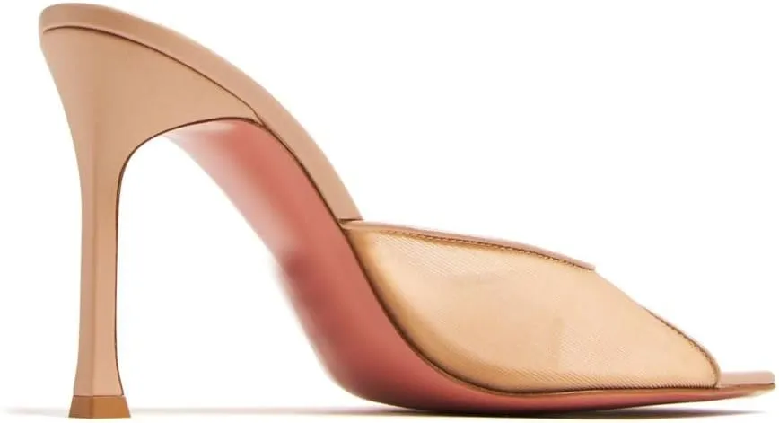 Mesh Heels Mules for Women Peep Open Toe Backless Stiletto Heel Sandals Party Dress Slip-on Lace Heeled Mule