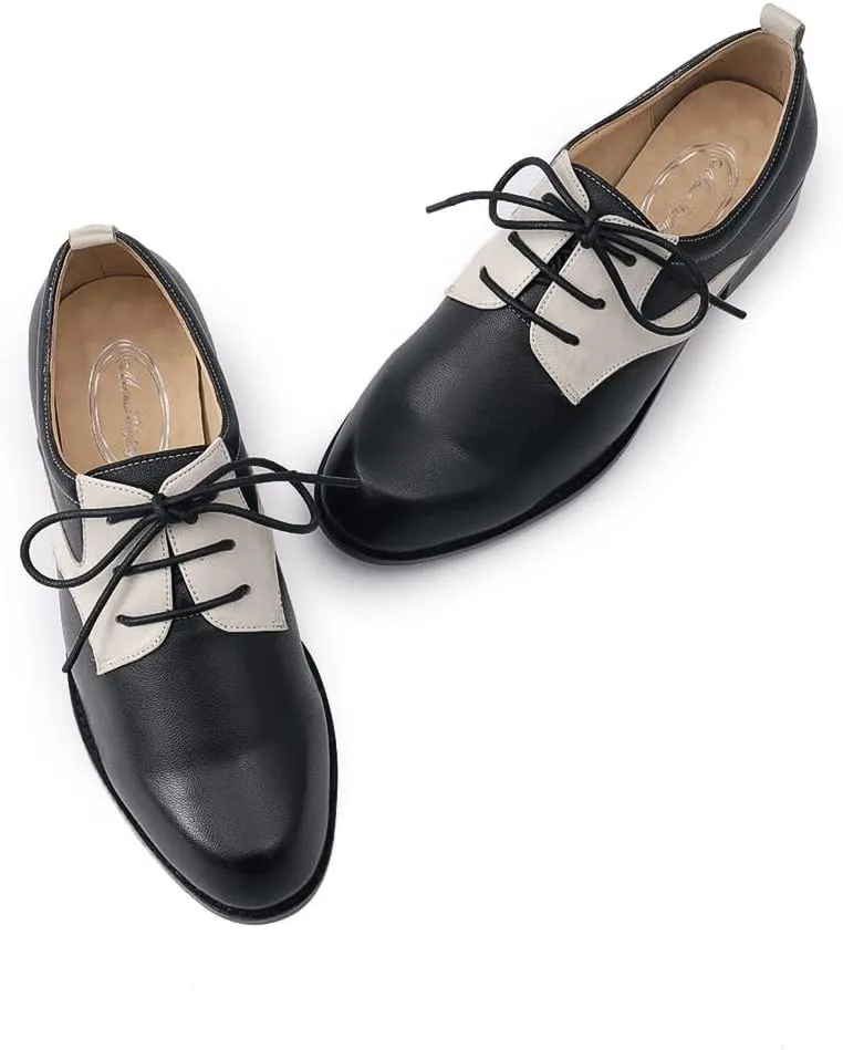 Mona flying Women's Handmade Two Tone Dress Oxfords Saddle Derby Comfy Lace up Leather Shoes for Ladies