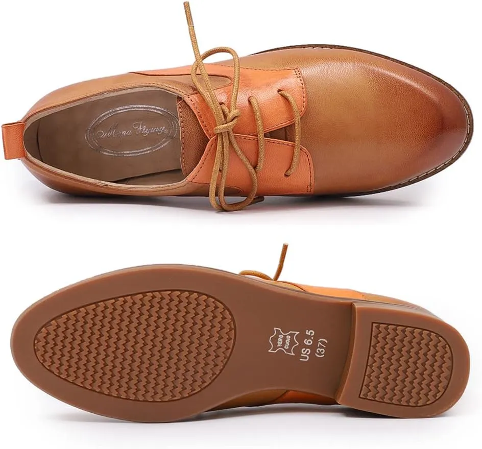 Mona flying Women's Handmade Two Tone Dress Oxfords Saddle Derby Comfy Lace up Leather Shoes for Ladies