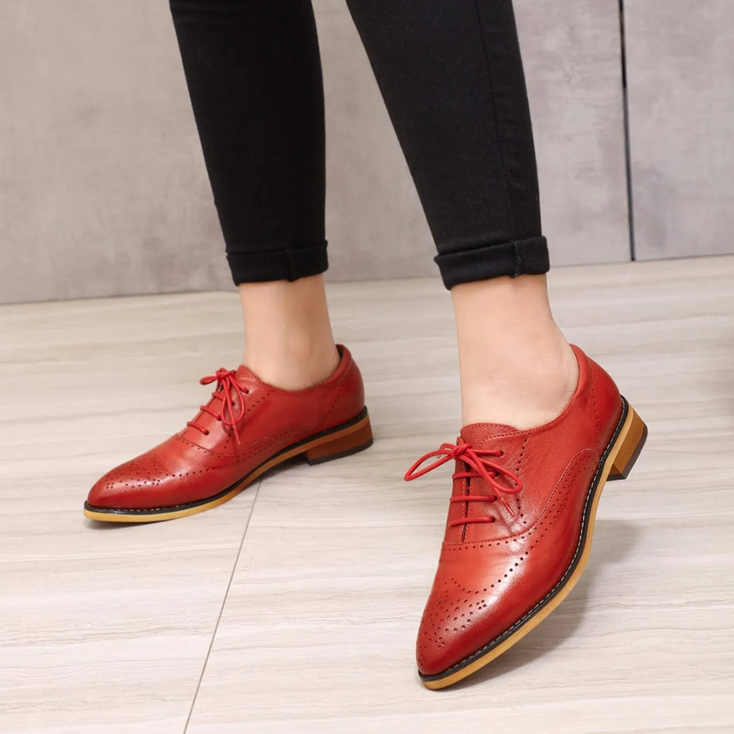 Mona flying Women's Leather Perforated Lace-up Oxfords Brogue Derby Shoes for Ladies