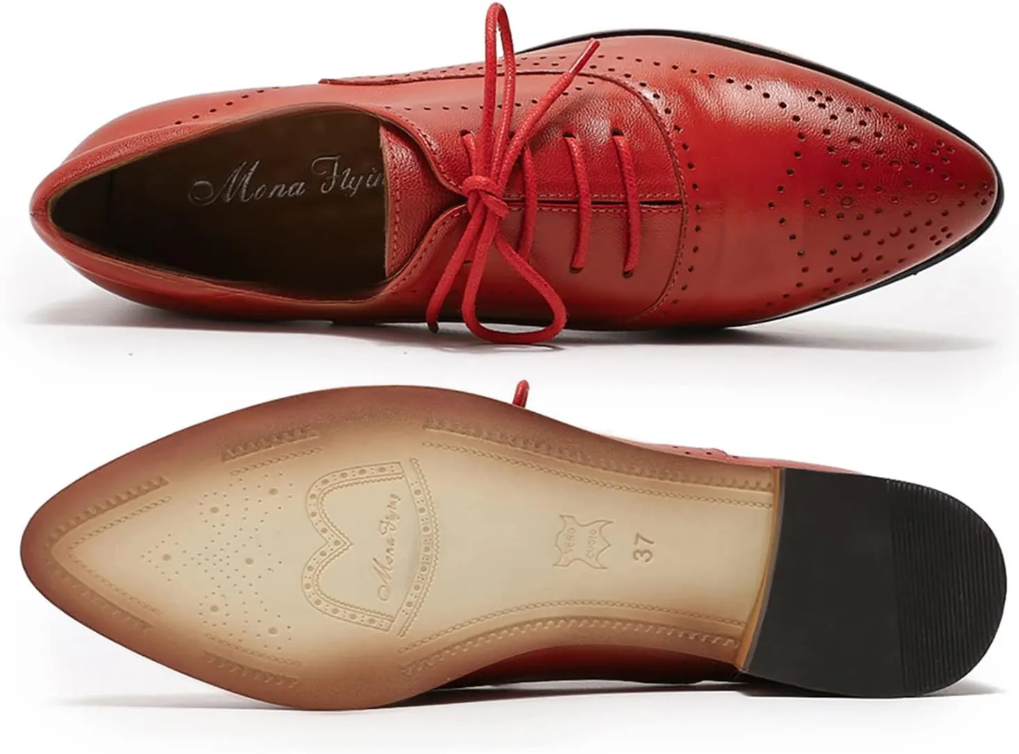 Mona flying Women's Leather Perforated Lace-up Oxfords Brogue Derby Shoes for Ladies