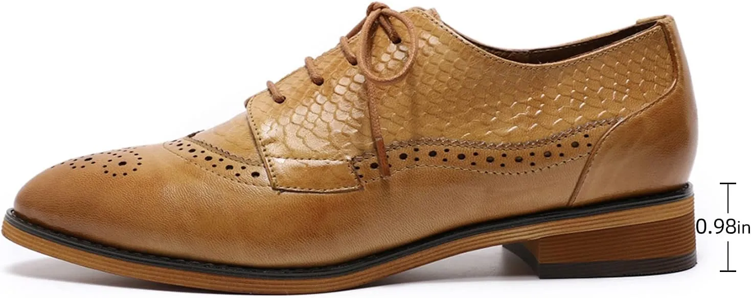 Mona flying Women's Perforated Oxfords Brogue Derby Lace-up Leather Shoes for Ladies