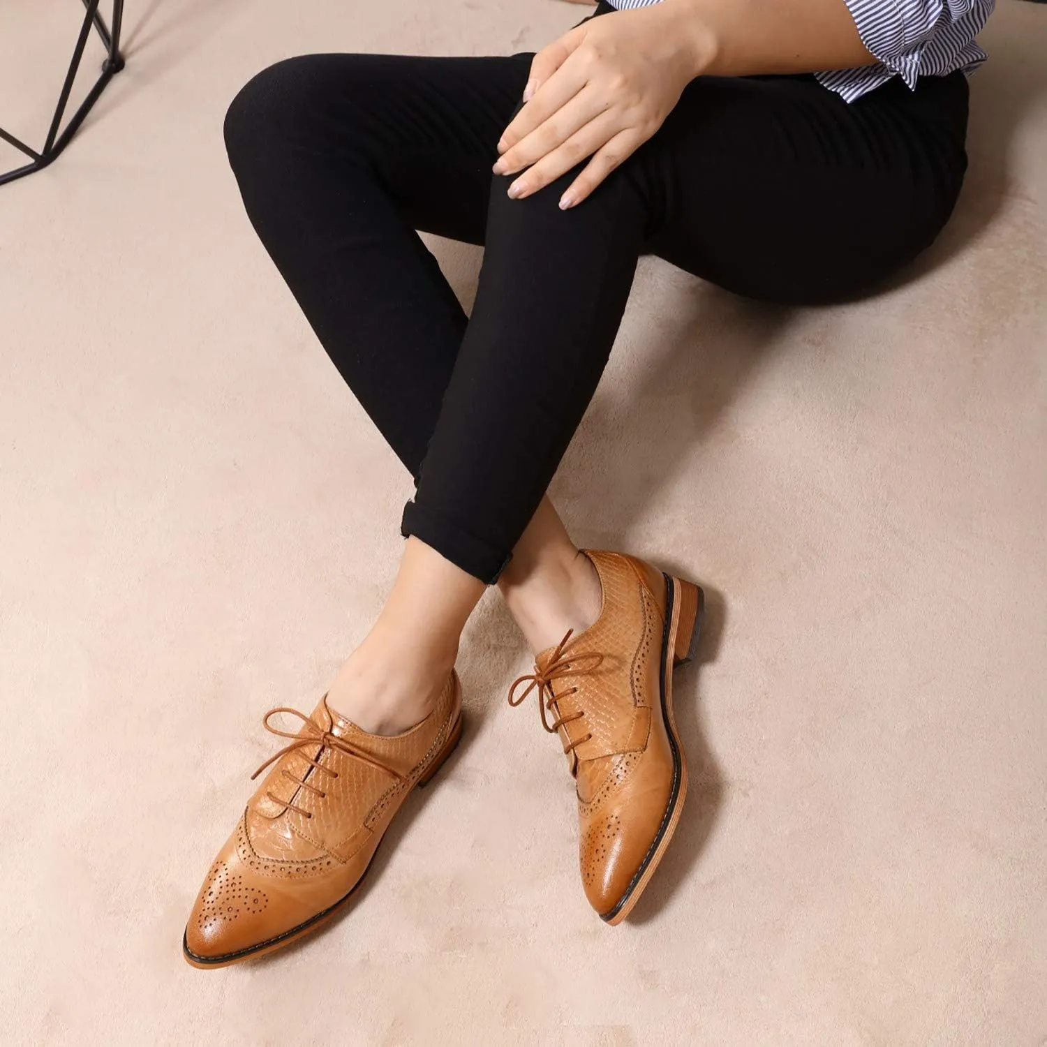 Mona flying Women's Perforated Oxfords Brogue Derby Lace-up Leather Shoes for Ladies