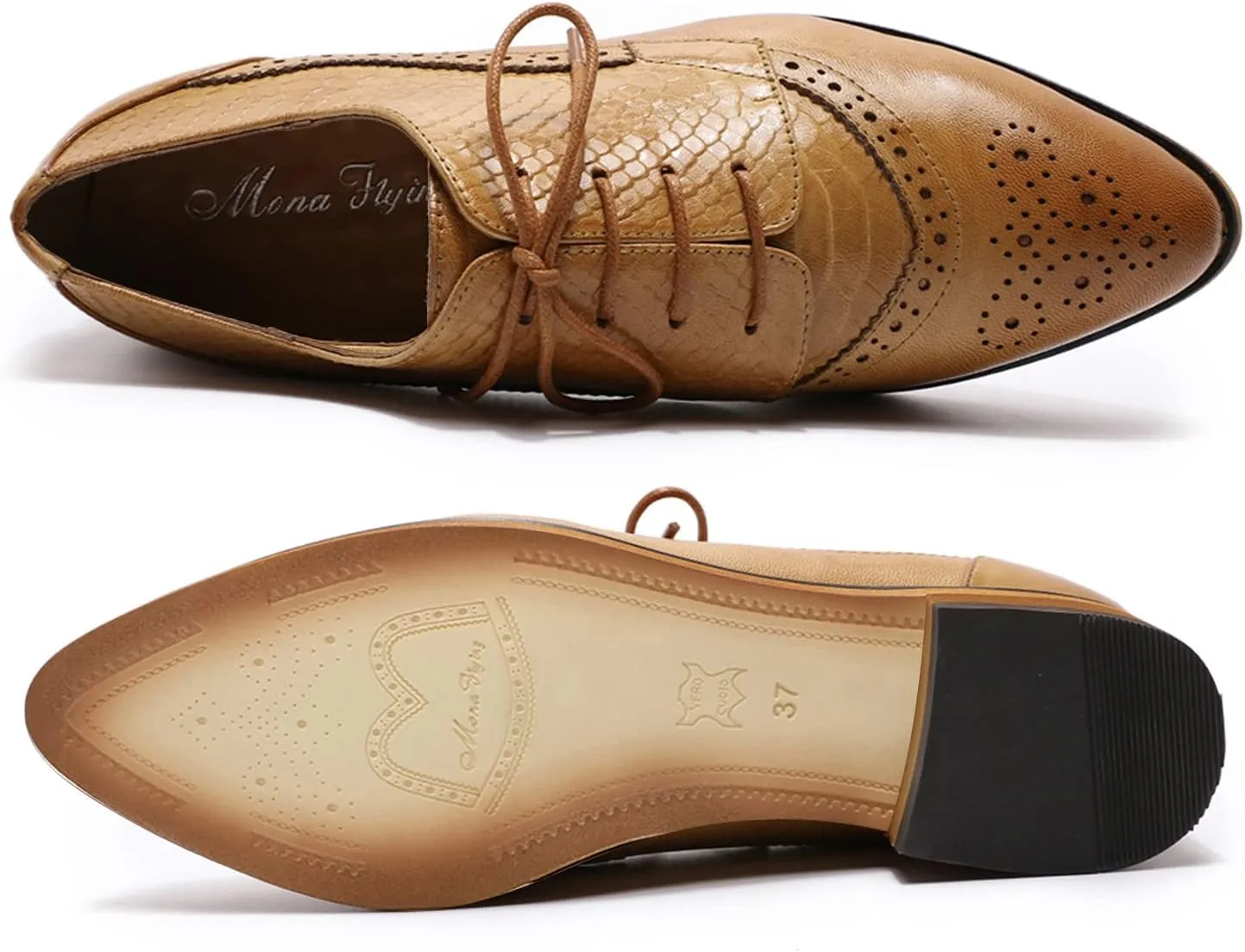 Mona flying Women's Perforated Oxfords Brogue Derby Lace-up Leather Shoes for Ladies
