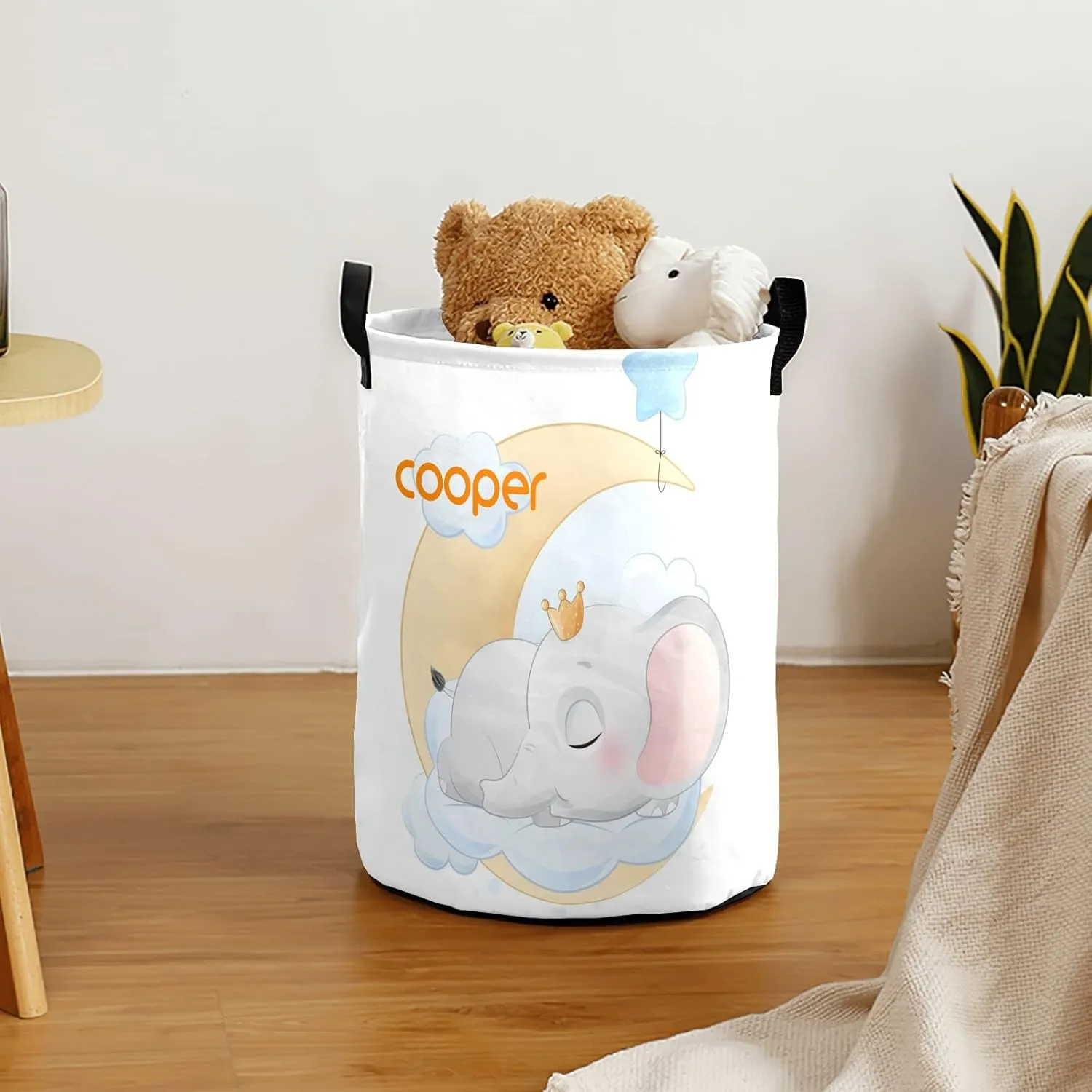 Moon Little Prince Elephant Personalized Waterproof Foldable Laundry Basket Bag with Handle, Custom Collapsible Clothes Hamper Storage Bin for Toys Laundry Dorm Travel Bathroom