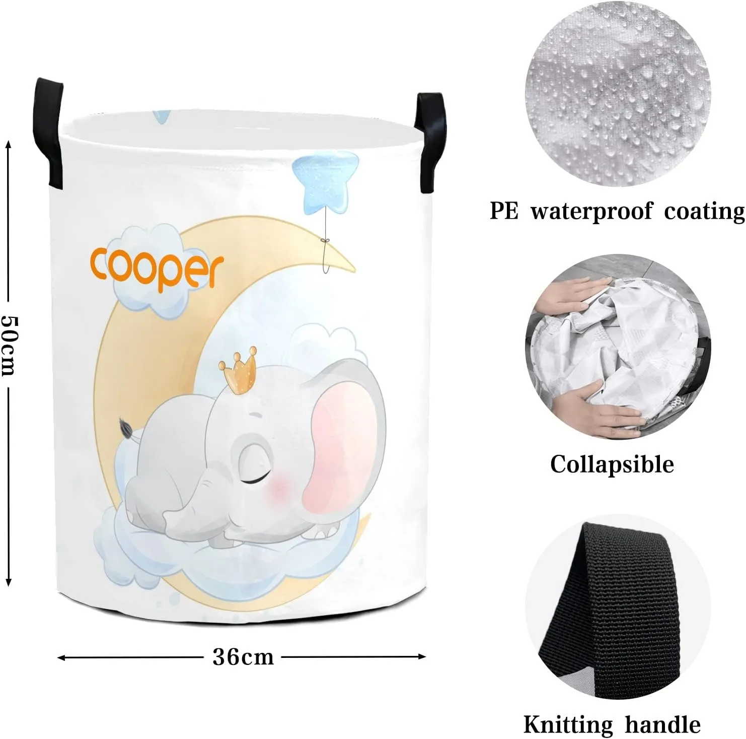 Moon Little Prince Elephant Personalized Waterproof Foldable Laundry Basket Bag with Handle, Custom Collapsible Clothes Hamper Storage Bin for Toys Laundry Dorm Travel Bathroom