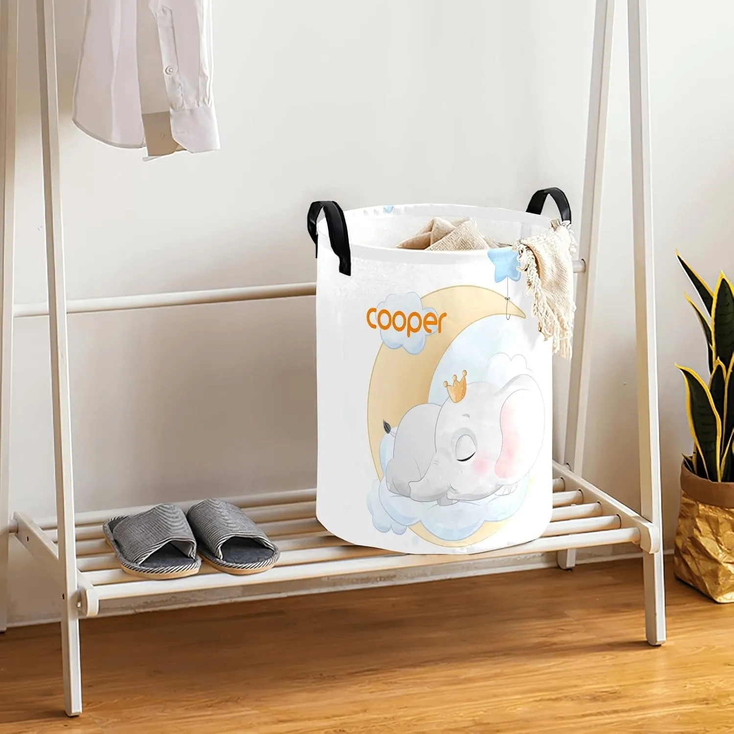 Moon Little Prince Elephant Personalized Waterproof Foldable Laundry Basket Bag with Handle, Custom Collapsible Clothes Hamper Storage Bin for Toys Laundry Dorm Travel Bathroom