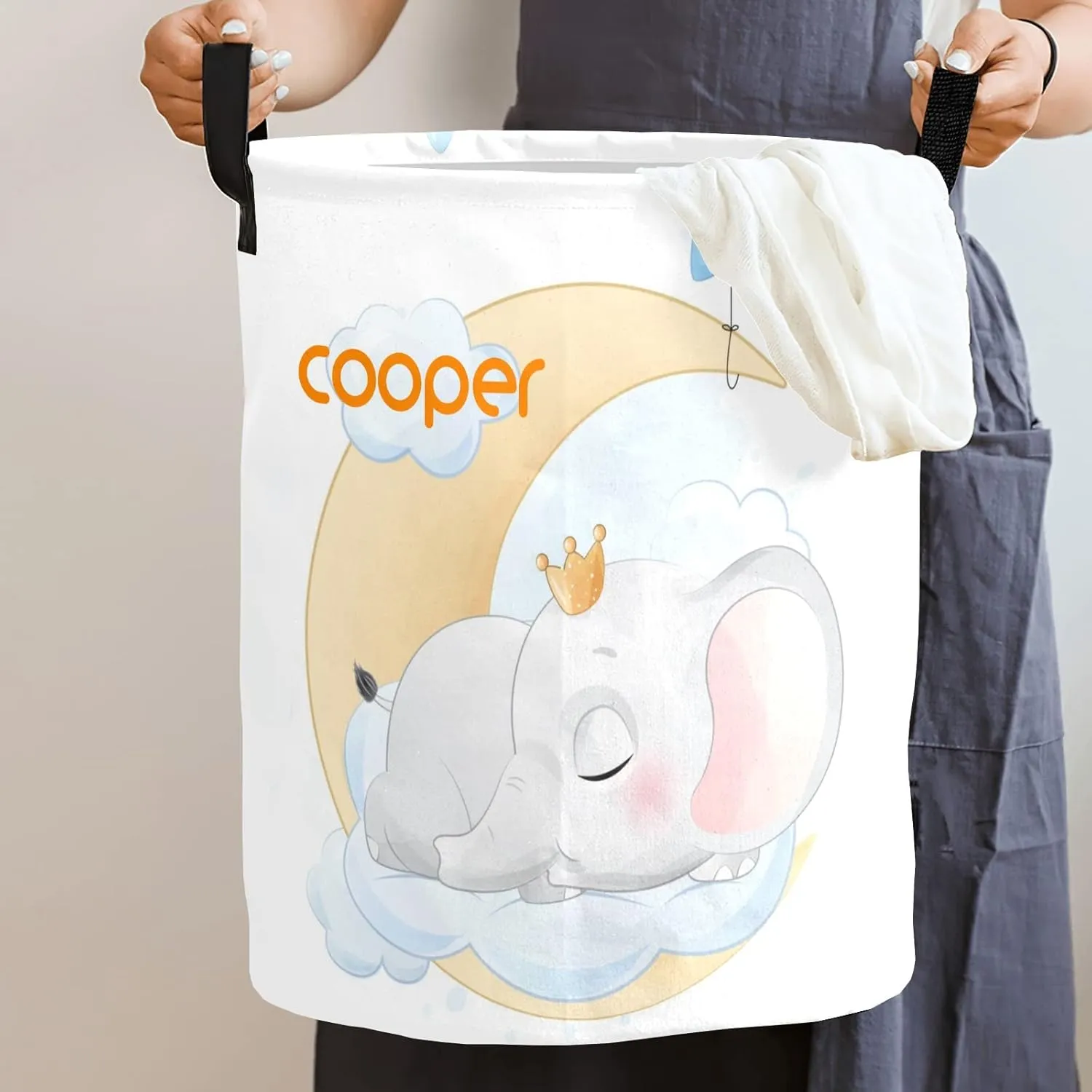 Moon Little Prince Elephant Personalized Waterproof Foldable Laundry Basket Bag with Handle, Custom Collapsible Clothes Hamper Storage Bin for Toys Laundry Dorm Travel Bathroom