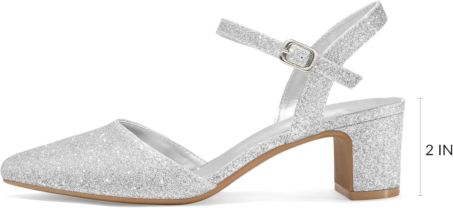 mysoft Women's Pumps 2 Inch Chunky Block Heel Pointed Toe Ankle Strap Slingback Wedding Party Dress Shoes