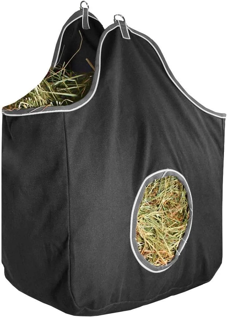 Pair of 2 Extra Wide 19" x 12" x 20" Canvas Hay Bags for Horses and Livestock Fits 3-4 Large Flakes of Hay (Black)