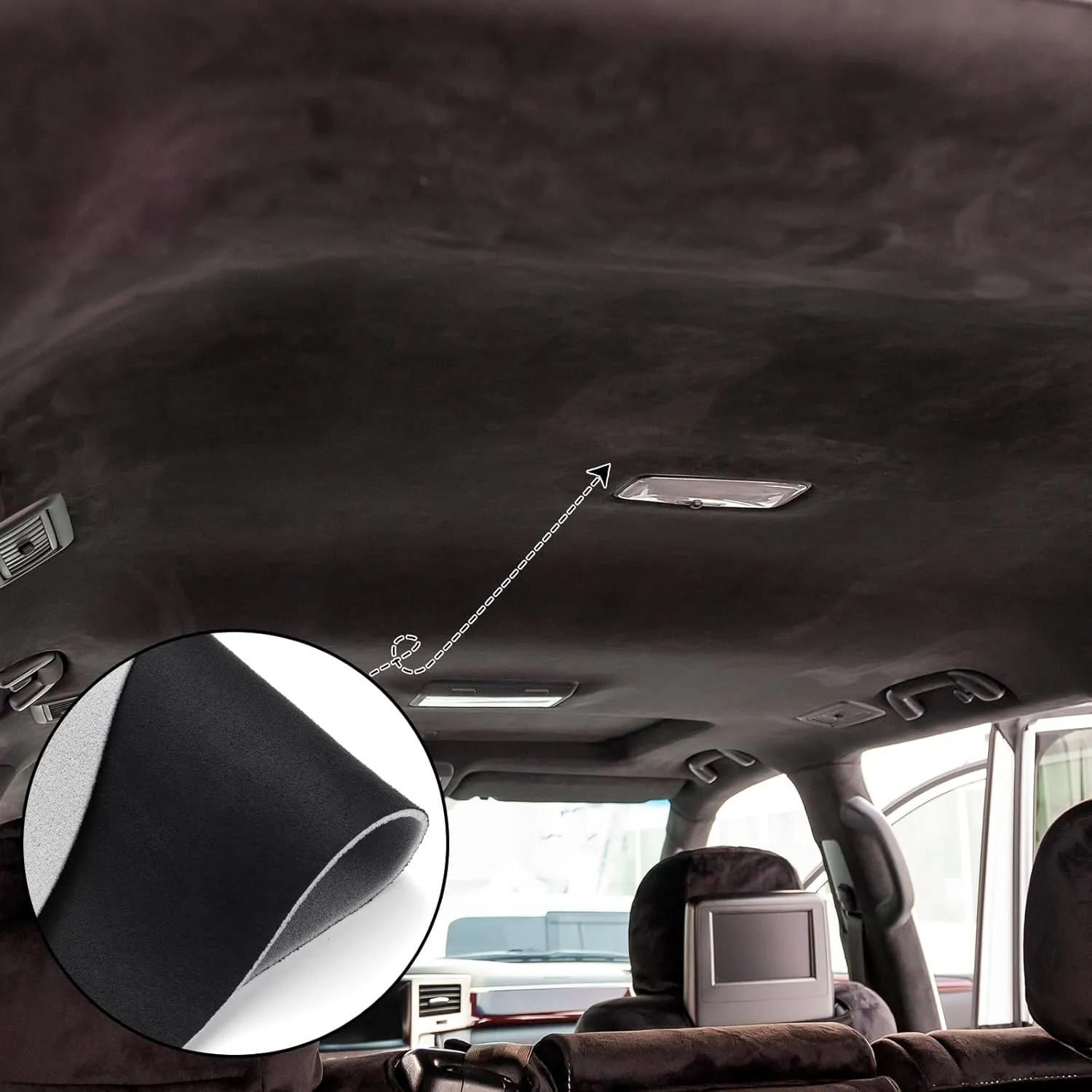 Pangda Suede Headliner Fabric 98 x 60'' with 1/9" Foam Backing Car Roof Headliner Fabric Suede Material Rubber Seam Roller Utility Knife for DIY Automotive Rv Boat Ceiling Interior Repair (Black)