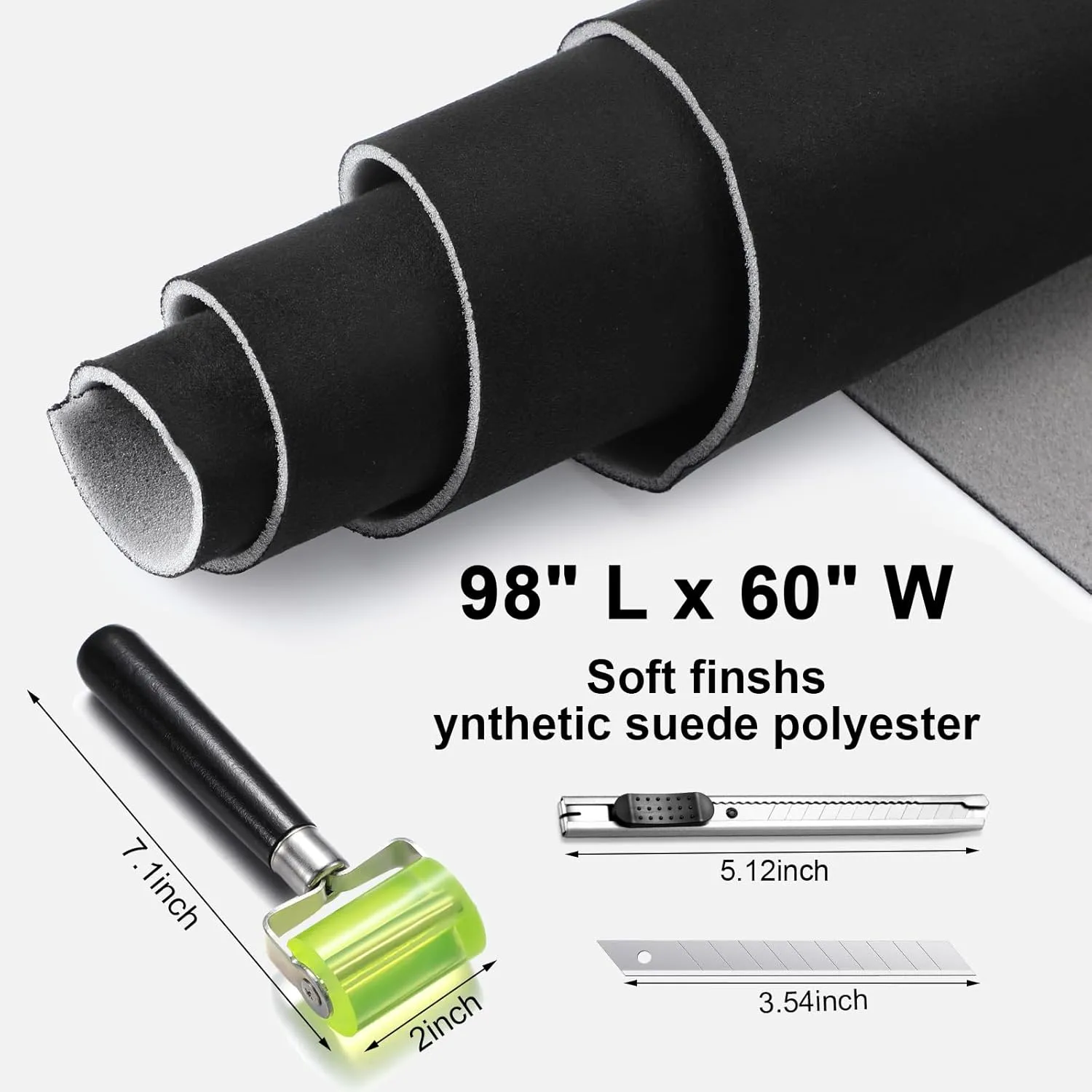 Pangda Suede Headliner Fabric 98 x 60'' with 1/9" Foam Backing Car Roof Headliner Fabric Suede Material Rubber Seam Roller Utility Knife for DIY Automotive Rv Boat Ceiling Interior Repair (Black)