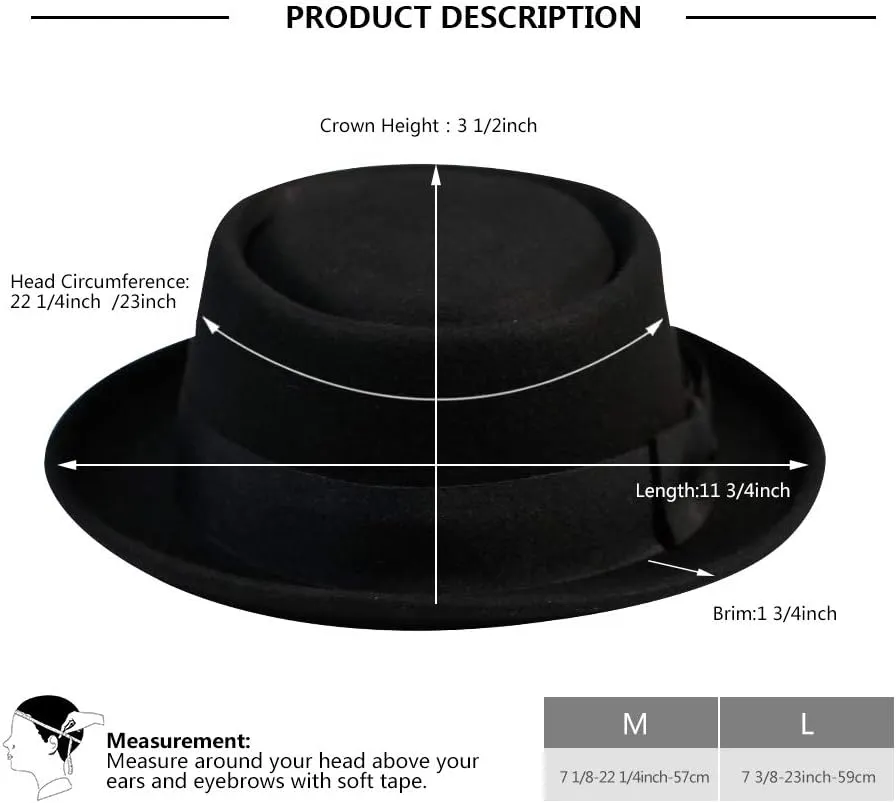Pork Pie Hat for Men/Women Wool Felt Boater Porkpie Flat Top Derby Fedora