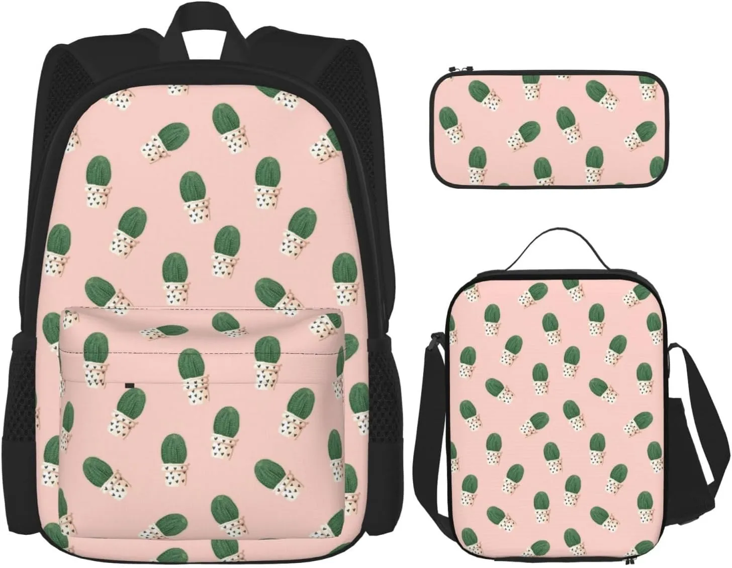 Premium Cactus pink Print 3-in-1 Backpack Set with Lunch Bag & Pencil Case Portable Bag Set
