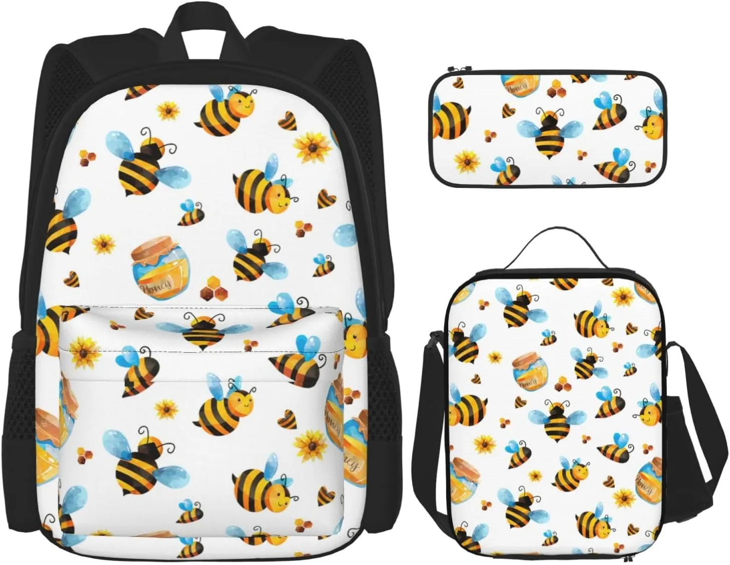 Premium Cartoon Bee Pattern Print 3-in-1 Backpack Set with Lunch Bag & Pencil Case Portable Bag Set