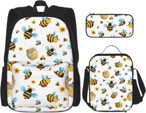 Premium Cartoon Bee Pattern Print 3-in-1 Backpack Set with Lunch Bag & Pencil Case Portable Bag Set