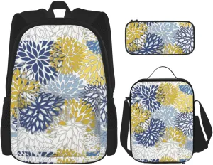 Premium Colored flowers Print 3-in-1 Backpack Set with Lunch Bag & Pencil Case Portable Bag Set