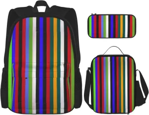 Premium Colored Stripes Print 3-in-1 Backpack Set with Lunch Bag & Pencil Case Portable Bag Set