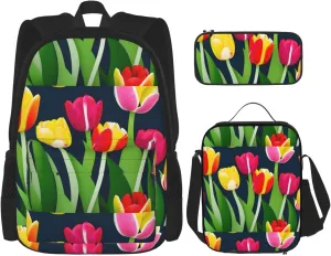 Premium Colorful Tulips pattern Print 3-in-1 Backpack Set with Lunch Bag & Pencil Case Portable Bag Set