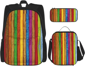 Premium Colour Wooden Print 3-in-1 Backpack Set with Lunch Bag & Pencil Case Portable Bag Set
