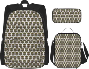 Premium Cute Owl pattern Print 3-in-1 Backpack Set with Lunch Bag & Pencil Case Portable Bag Set