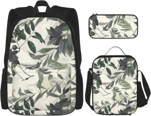 Premium Cute palm tree leaves Print 3-in-1 Backpack Set with Lunch Bag & Pencil Case Portable Bag Set