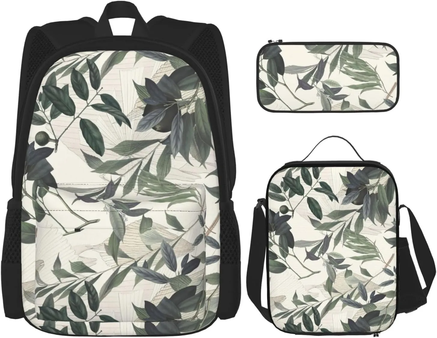 Premium Cute palm tree leaves Print 3-in-1 Backpack Set with Lunch Bag & Pencil Case Portable Bag Set