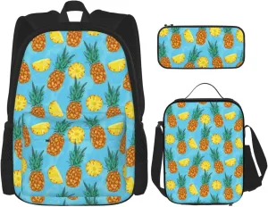 Premium Fresh Pineapple Print 3-in-1 Backpack Set with Lunch Bag & Pencil Case Portable Bag Set