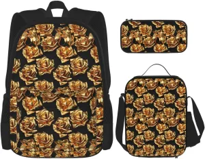 Premium Gold Rose pattern Print 3-in-1 Backpack Set with Lunch Bag & Pencil Case Portable Bag Set