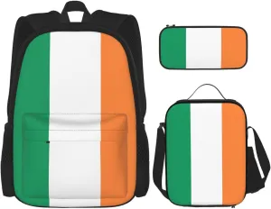 Premium Irish flag Print 3-in-1 Backpack Set with Lunch Bag & Pencil Case Portable Bag Set