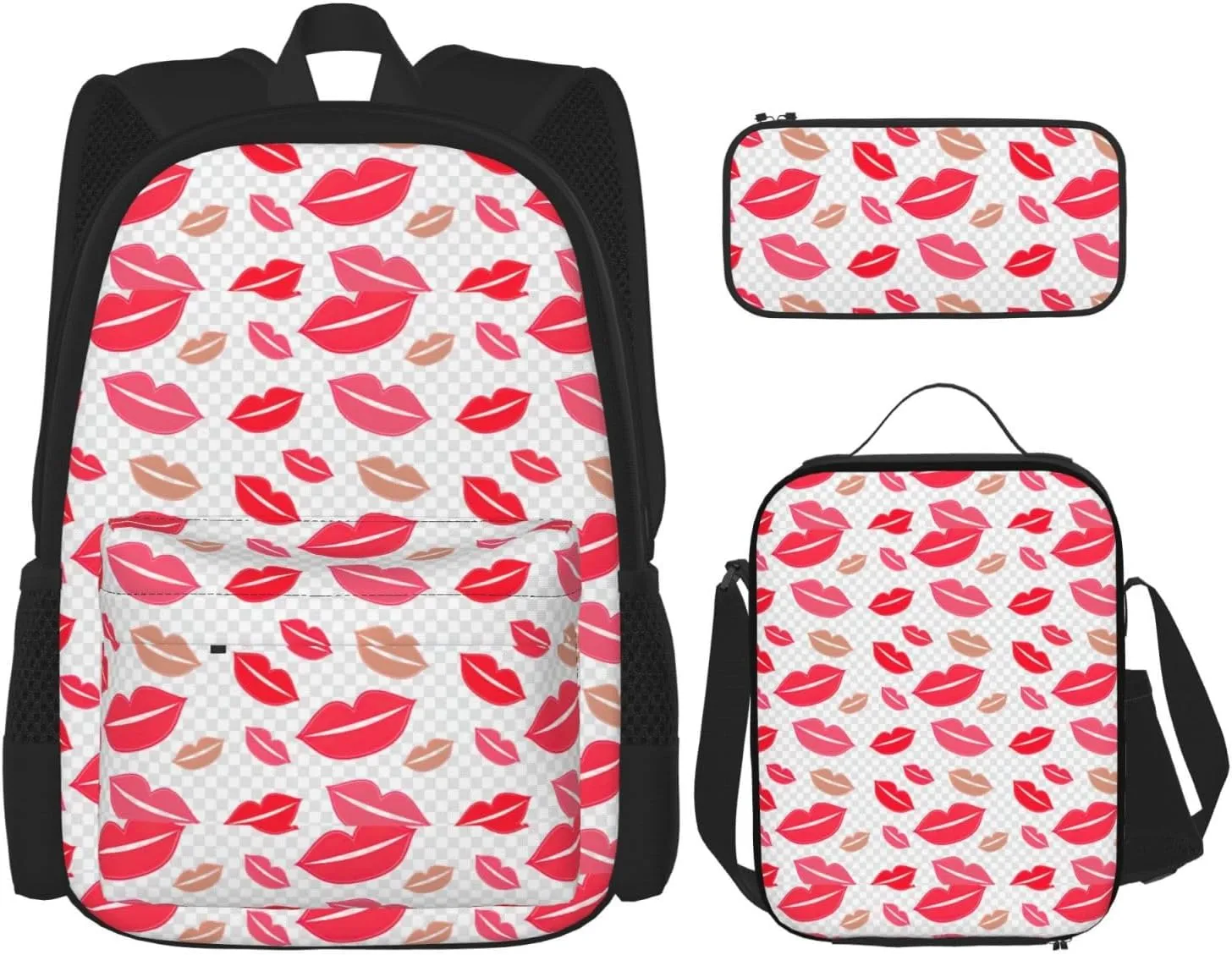 Premium Lips Print 3-in-1 Backpack Set with Lunch Bag & Pencil Case Portable Bag Set