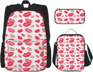 Premium Lips Print 3-in-1 Backpack Set with Lunch Bag & Pencil Case Portable Bag Set