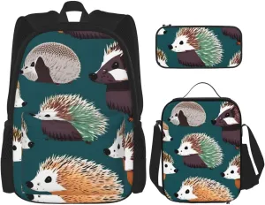 Premium Many hedgehogs Print 3-in-1 Backpack Set with Lunch Bag & Pencil Case Portable Bag Set