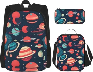 Premium Outer Space Planets Print 3-in-1 Backpack Set with Lunch Bag & Pencil Case Portable Bag Set