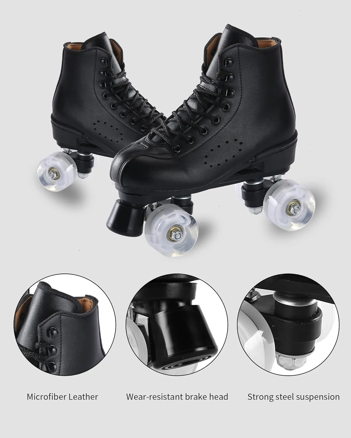 Roller Skates for Men and Women, Black Derby Roller Skates with 4 Shiny Wheel, Classic Double-Row Roller Skates for Indoor and Outdoor