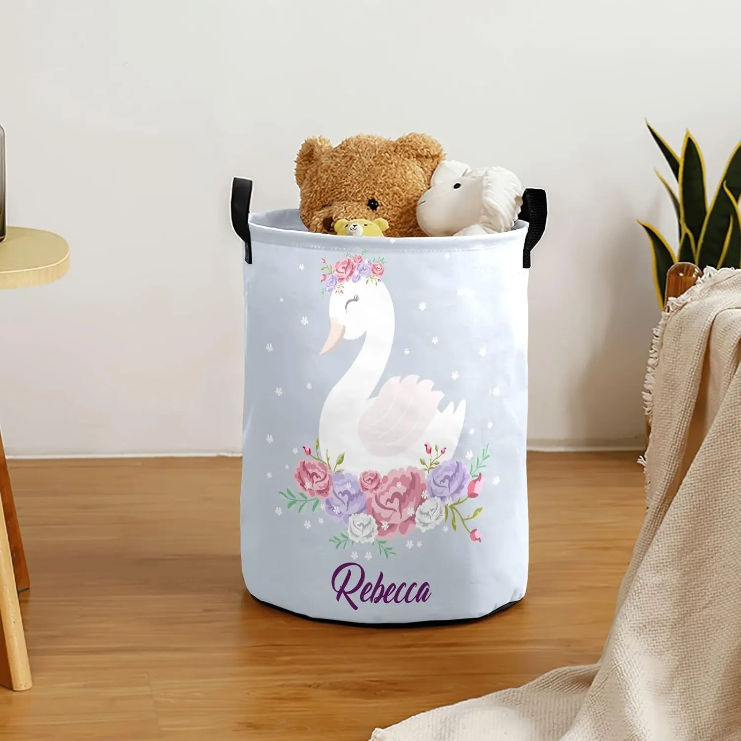 Romantic Dreaming Swan Princess Personalized Waterproof Foldable Laundry Basket Bag with Handle, Custom Collapsible Clothes Hamper Storage Bin for Toys Laundry Dorm Travel Bathroom