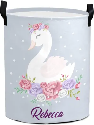 Romantic Dreaming Swan Princess Personalized Waterproof Foldable Laundry Basket Bag with Handle, Custom Collapsible Clothes Hamper Storage Bin for Toys Laundry Dorm Travel Bathroom
