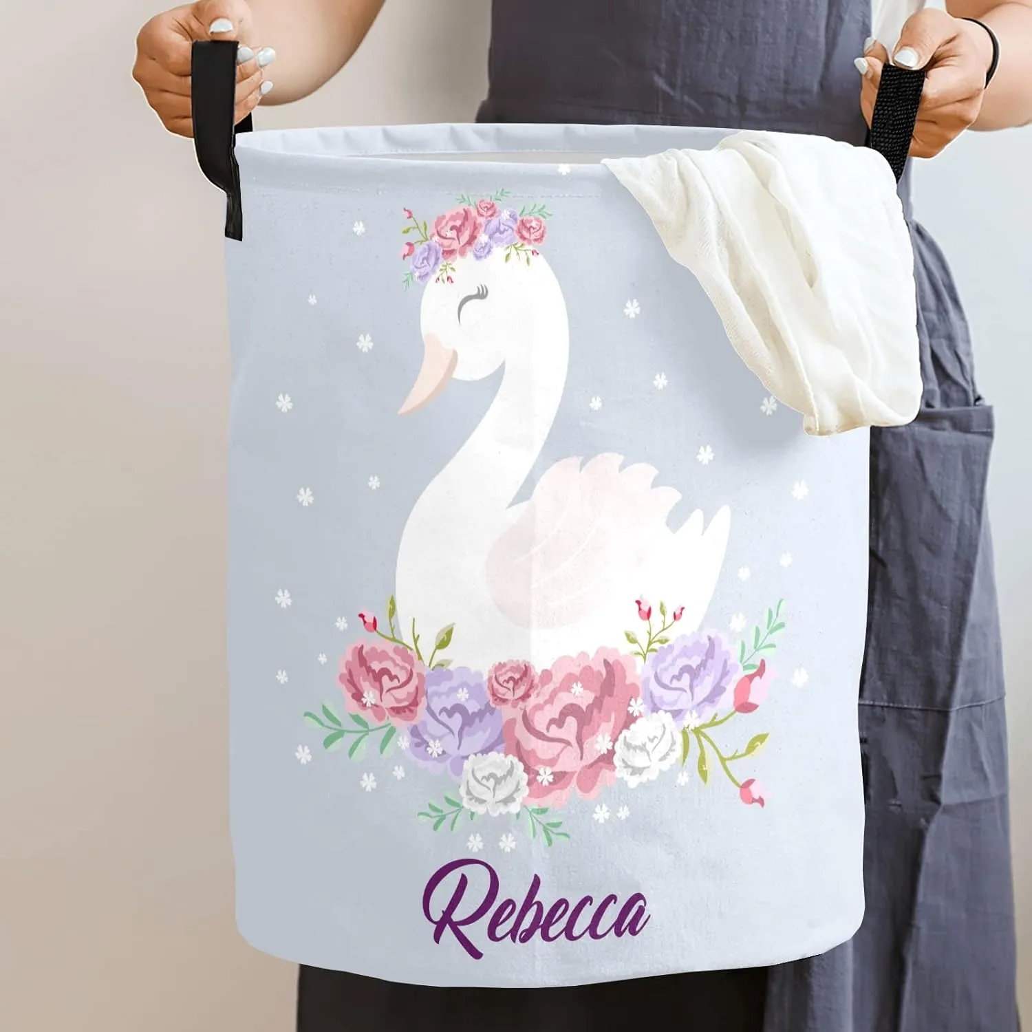 Romantic Dreaming Swan Princess Personalized Waterproof Foldable Laundry Basket Bag with Handle, Custom Collapsible Clothes Hamper Storage Bin for Toys Laundry Dorm Travel Bathroom