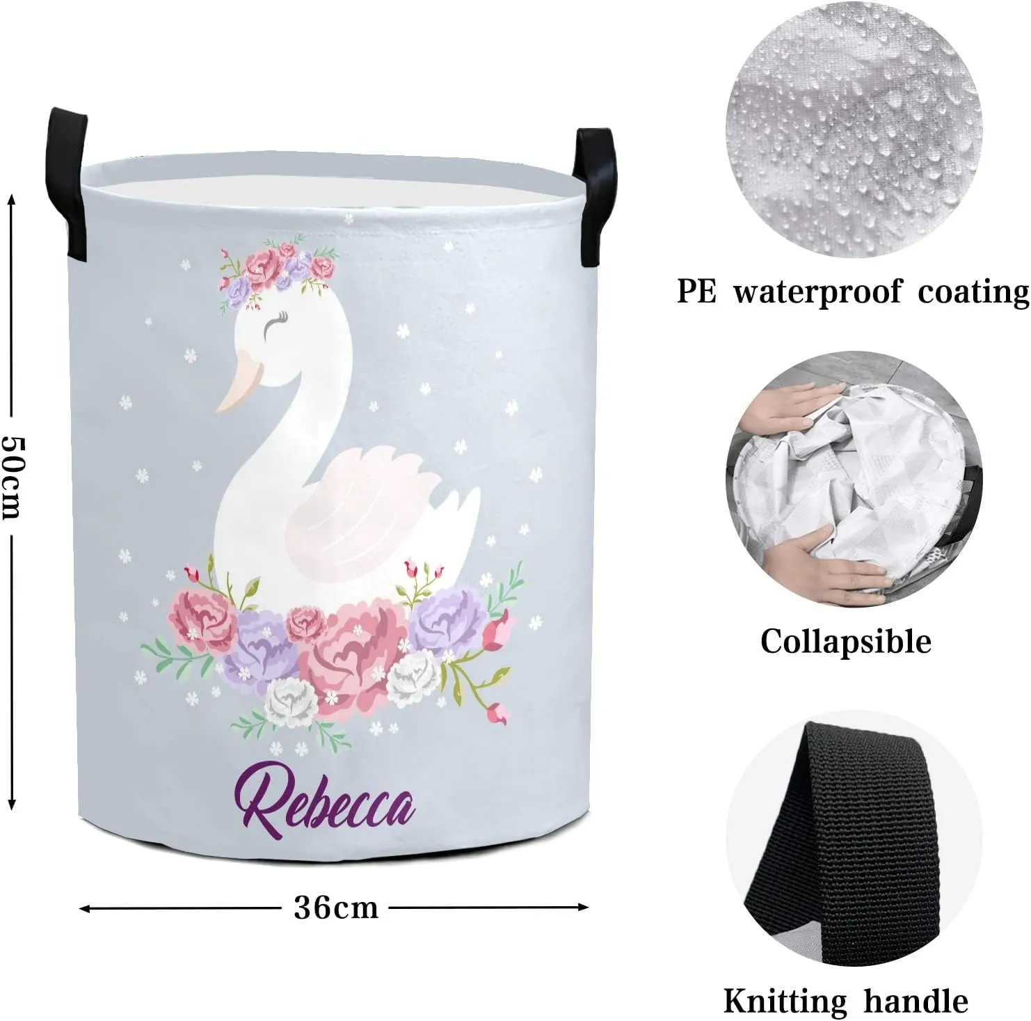 Romantic Dreaming Swan Princess Personalized Waterproof Foldable Laundry Basket Bag with Handle, Custom Collapsible Clothes Hamper Storage Bin for Toys Laundry Dorm Travel Bathroom