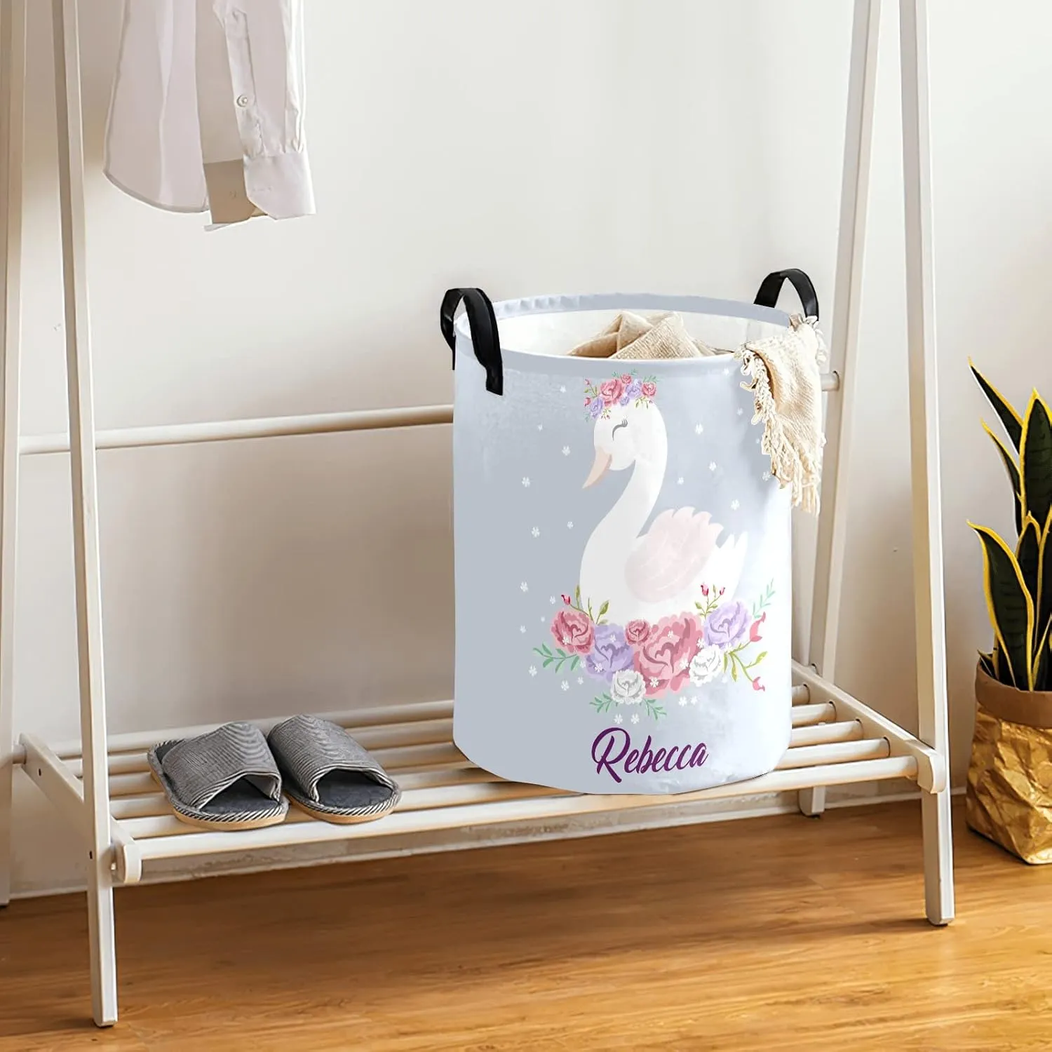 Romantic Dreaming Swan Princess Personalized Waterproof Foldable Laundry Basket Bag with Handle, Custom Collapsible Clothes Hamper Storage Bin for Toys Laundry Dorm Travel Bathroom