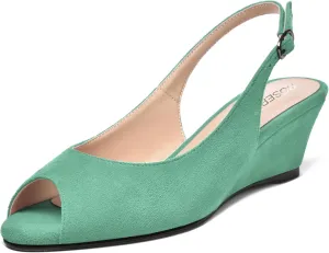 ROSERWISH Womens Casual Dating Buckle Stylish Peep Toe Suede Slingback Wedge Low Heel Pumps Shoes 2 Inch